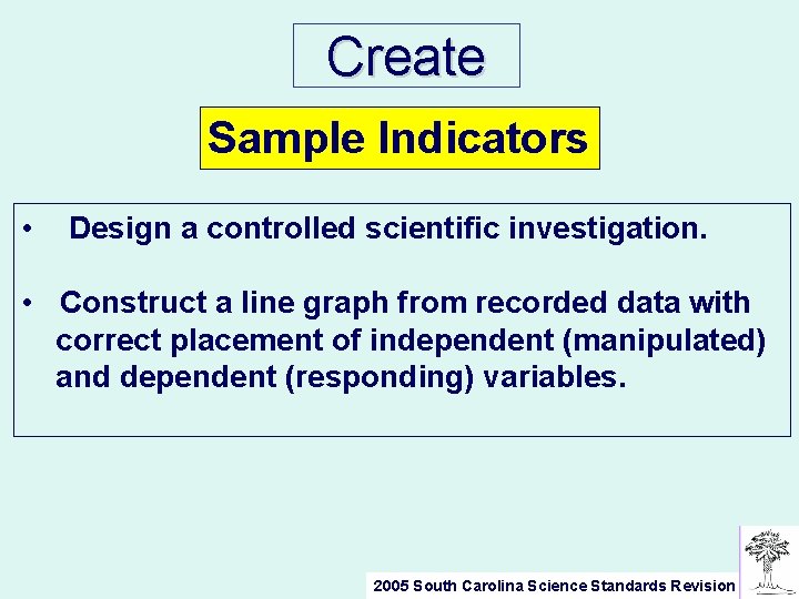 Create Sample Indicators • Design a controlled scientific investigation. • Construct a line graph