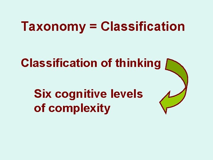 Taxonomy = Classification of thinking Six cognitive levels of complexity 