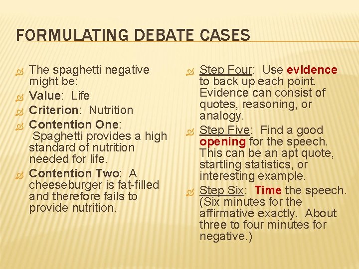 FORMULATING DEBATE CASES The spaghetti negative might be: Value: Life Criterion: Nutrition Contention One: FORMULATING DEBATE CASES The spaghetti negative might be: Value: Life Criterion: Nutrition Contention One:
