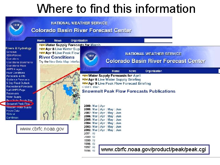 Where to find this information www. cbrfc. noaa. gov/product/peak. cgi 