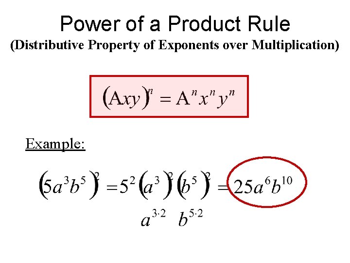 Power of a Product Rule (Distributive Property of Exponents over Multiplication) Example: 