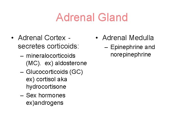 Adrenal Gland • Adrenal Cortex secretes corticoids: – mineralocorticoids (MC). ex) aldosterone – Glucocorticoids