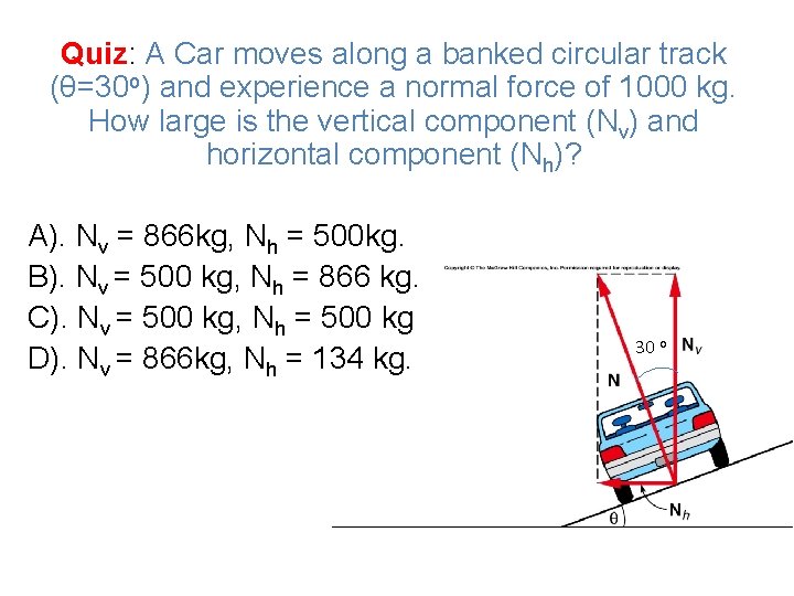 Quiz: A Car moves along a banked circular track (θ=30 o) and experience a