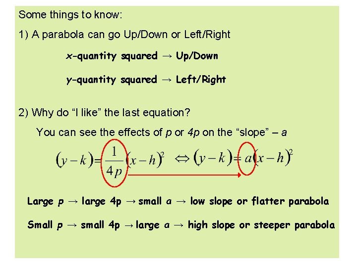 Some things to know: 1) A parabola can go Up/Down or Left/Right x-quantity squared