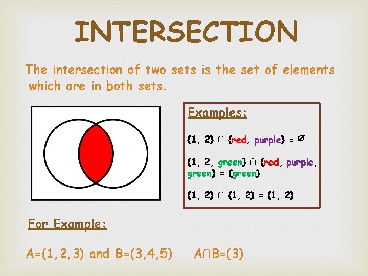 INTERSECTION The intersection of two sets is the set of elements which are in INTERSECTION The intersection of two sets is the set of elements which are in