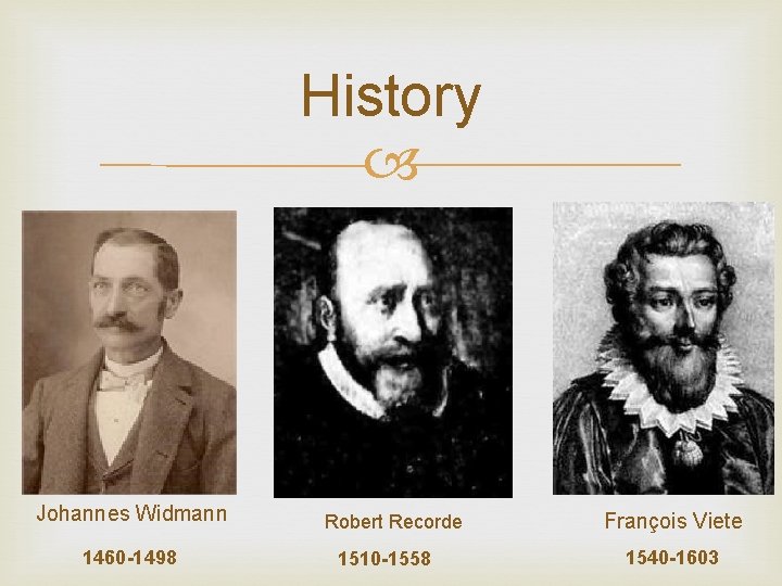 History Johannes Widmann 1460 -1498 Robert Recorde 1510 -1558 François Viete 1540 -1603 History Johannes Widmann 1460 -1498 Robert Recorde 1510 -1558 François Viete 1540 -1603