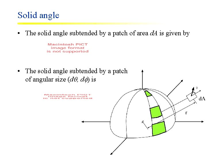 Solid angle • The solid angle subtended by a patch of area d. A