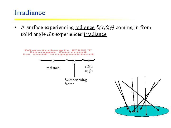 Irradiance • A surface experiencing radiance L(x, , ) coming in from solid angle