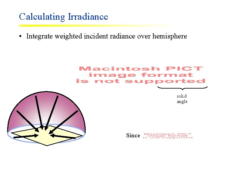 Calculating Irradiance • Integrate weighted incident radiance over hemisphere solid angle Since 