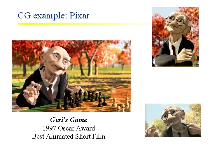 CG example: Pixar Geri’s Game 1997 Oscar Award Best Animated Short Film 