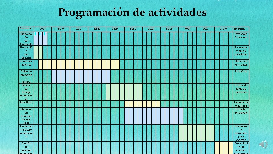 Programación de actividades Actividades Elaboraci ón del Protocolo Promoció n del Espacio Sesiones abiertas