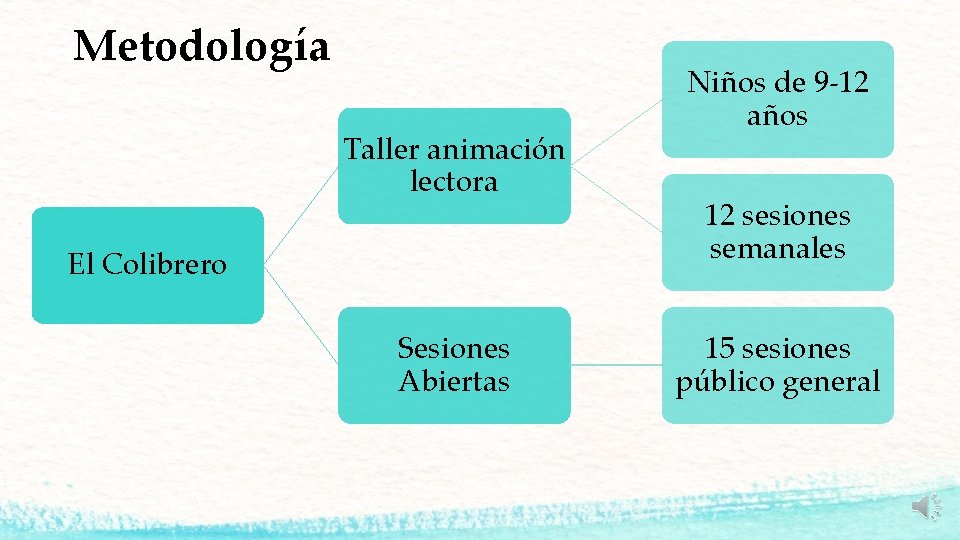 Metodología Taller animación lectora El Colibrero Sesiones Abiertas Niños de 9 -12 años 12