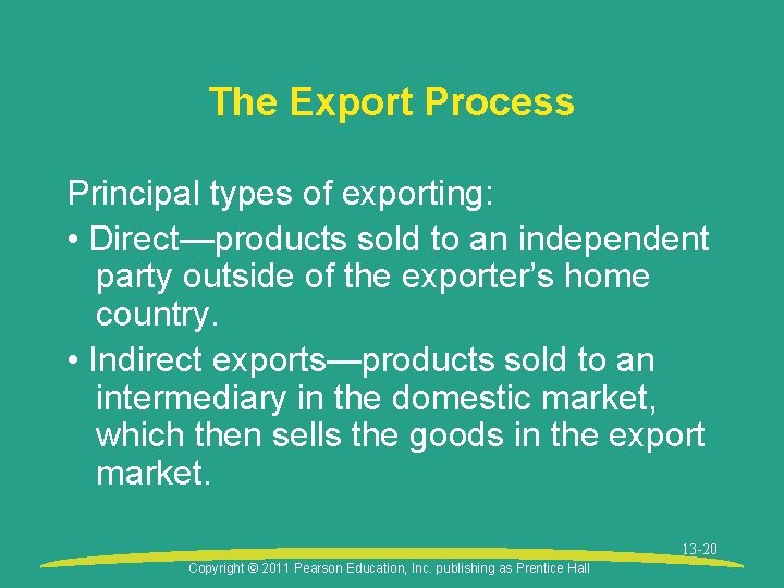 The Export Process Principal types of exporting: • Direct—products sold to an independent party
