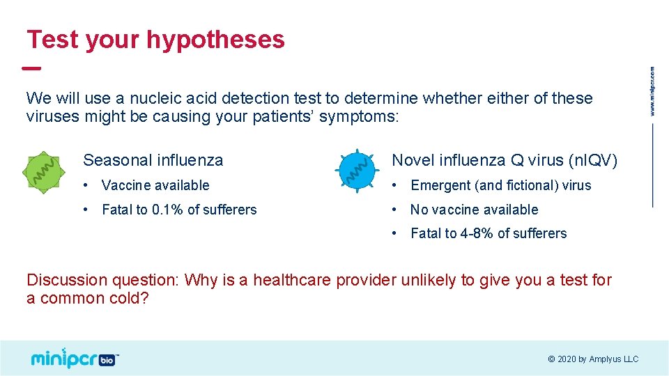 Test your hypotheses We will use a nucleic acid detection test to determine whether