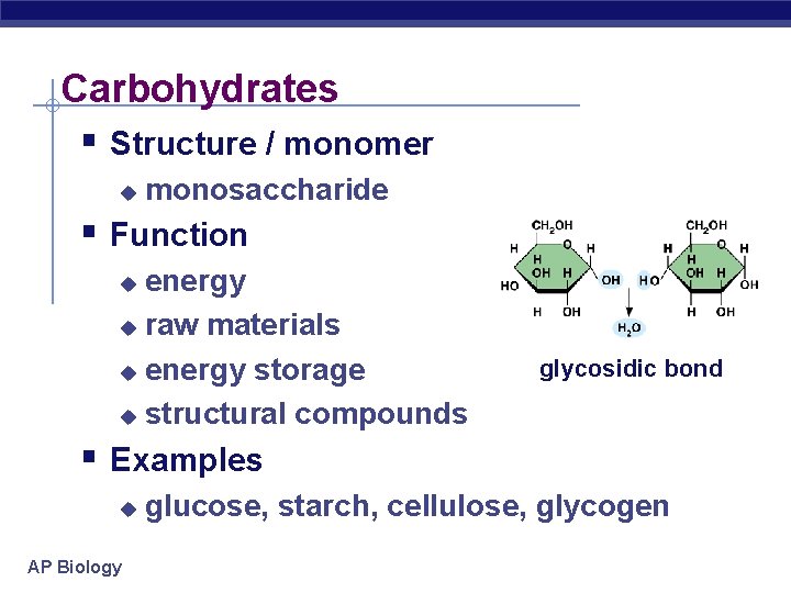 Carbohydrates § Structure / monomer u monosaccharide § Function energy u raw materials u