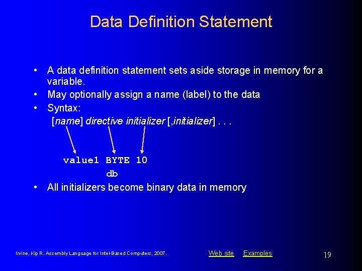 Data Definition Statement • A data definition statement sets aside storage in memory for