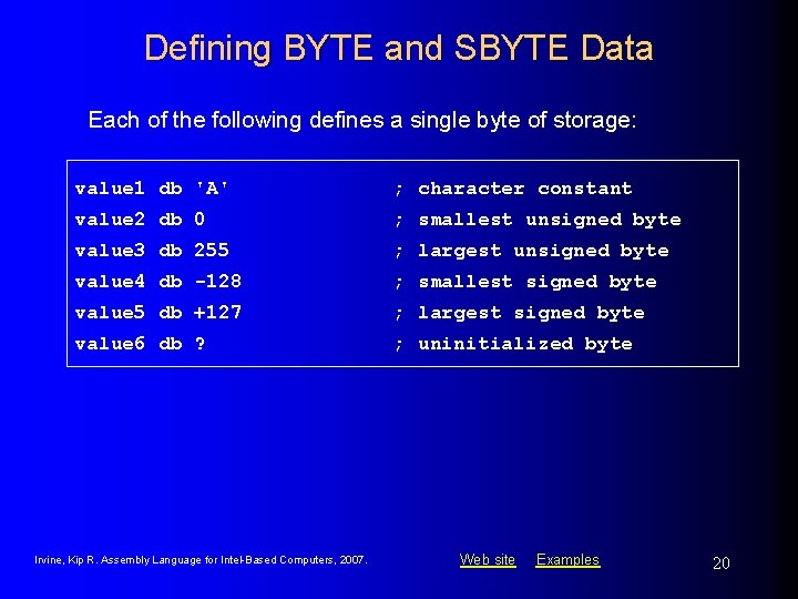 Defining BYTE and SBYTE Data Each of the following defines a single byte of