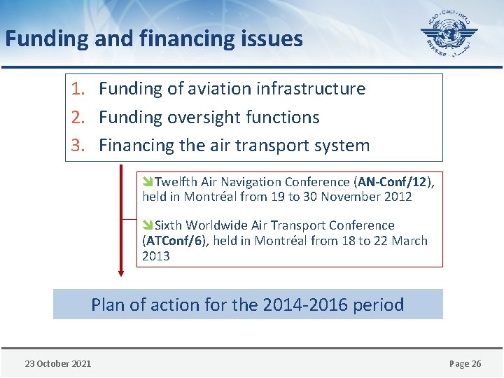 Funding and financing issues 1. Funding of aviation infrastructure 2. Funding oversight functions 3.