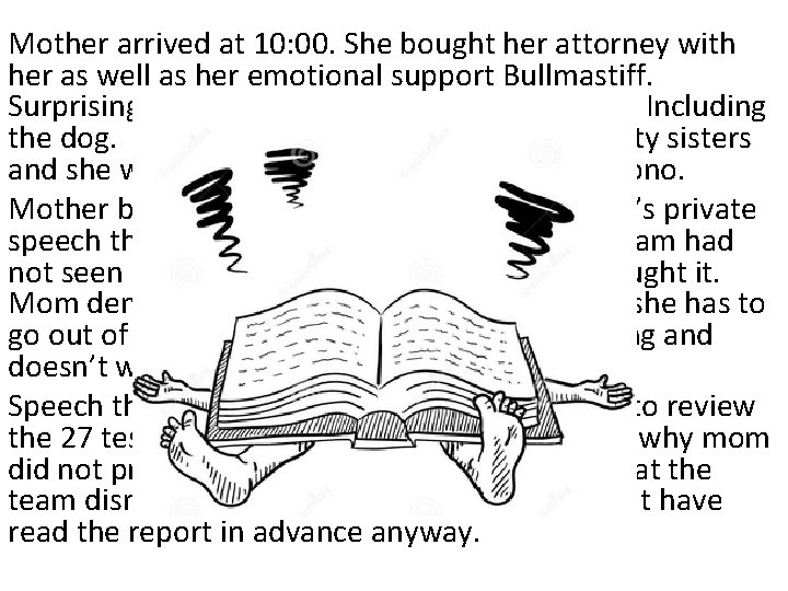 Mother arrived at 10: 00. She bought her attorney with her as well as