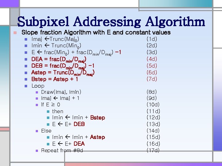 Subpixel Addressing Algorithm n Slope fraction Algorithm with E and constant values n n