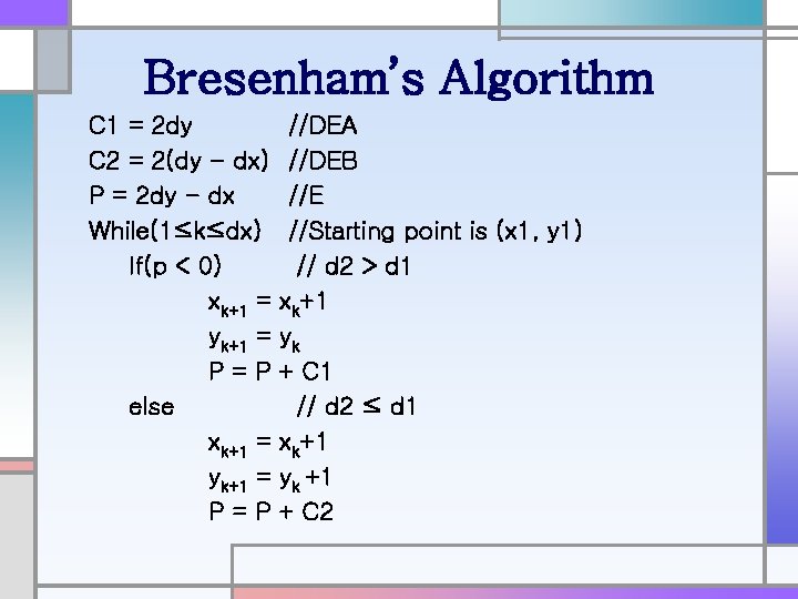 Bresenham’s Algorithm C 1 = 2 dy C 2 = 2(dy - dx) P