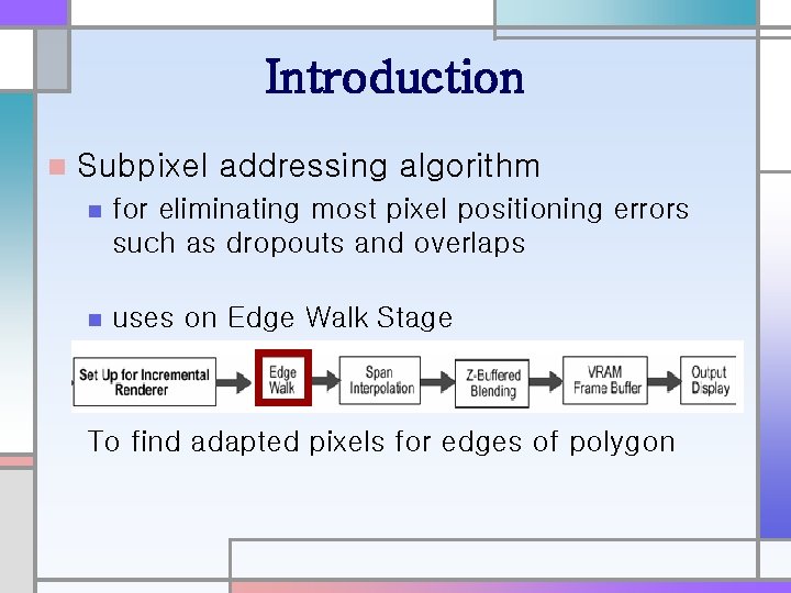 Introduction n Subpixel addressing algorithm n for eliminating most pixel positioning errors such as