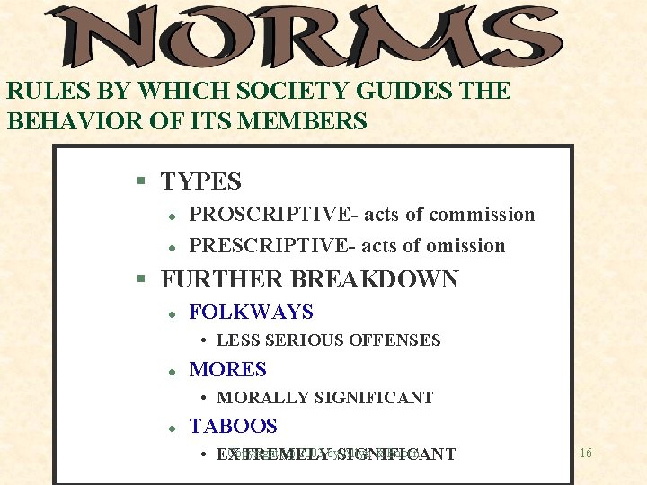 RULES BY WHICH SOCIETY GUIDES THE BEHAVIOR OF ITS MEMBERS § TYPES l l