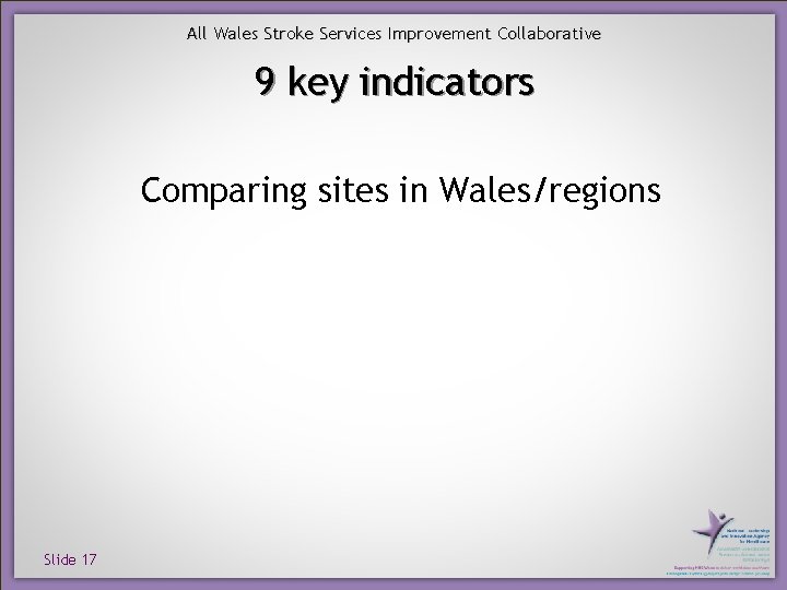 All Wales Stroke Services Improvement Collaborative 9 key indicators Comparing sites in Wales/regions Slide