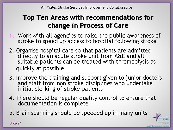 All Wales Stroke Services Improvement Collaborative Top Ten Areas with recommendations for change in