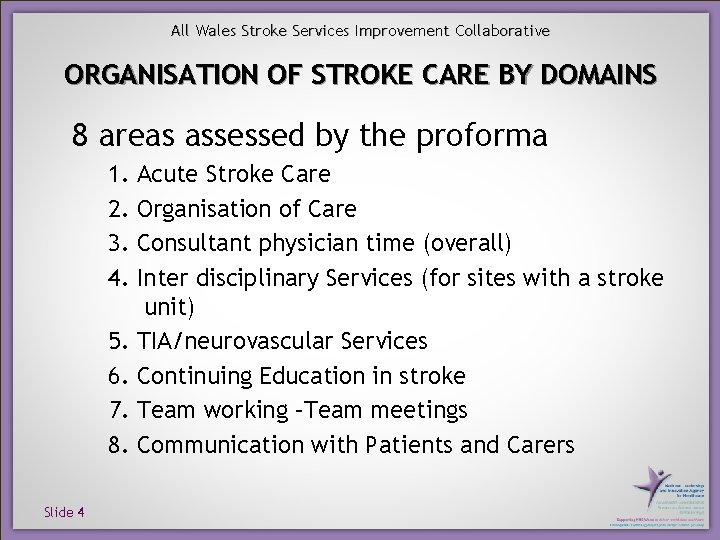 All Wales Stroke Services Improvement Collaborative ORGANISATION OF STROKE CARE BY DOMAINS 8 areas