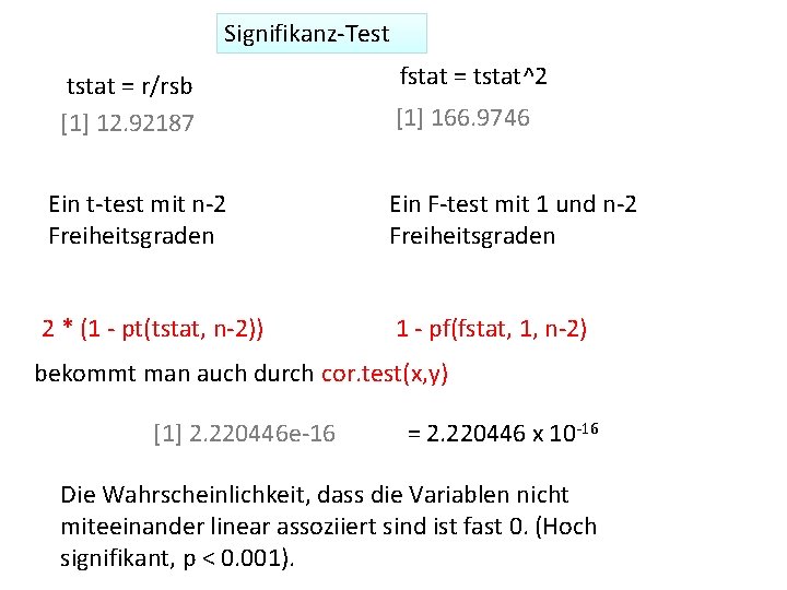 Signifikanz-Test tstat = r/rsb [1] 12. 92187 fstat = tstat^2 [1] 166. 9746 Ein