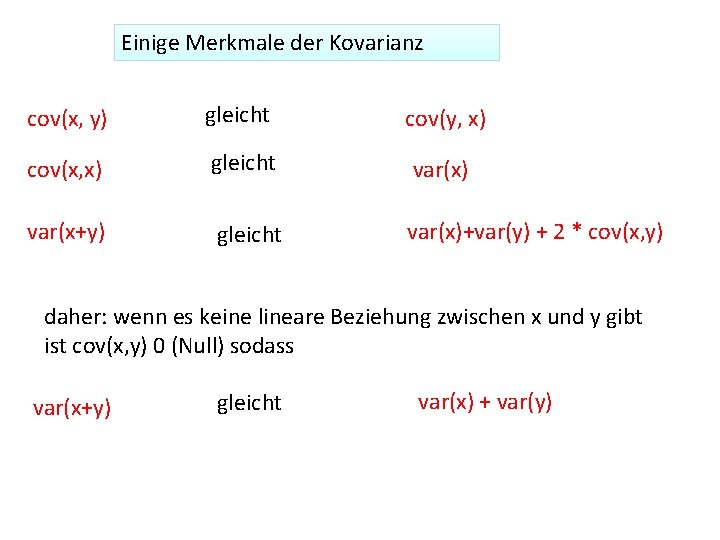 Einige Merkmale der Kovarianz cov(x, y) gleicht cov(y, x) cov(x, x) gleicht var(x) var(x+y)