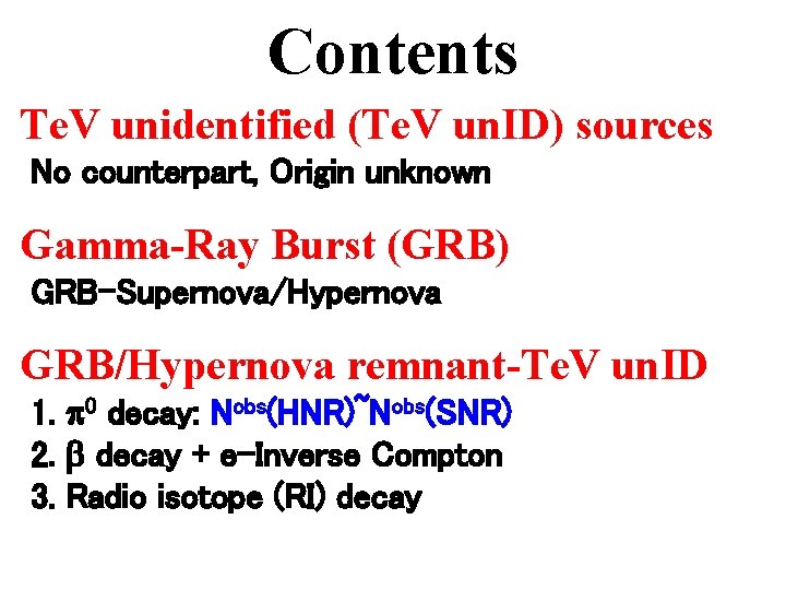 Contents Te. V unidentified (Te. V un. ID) sources No counterpart, Origin unknown Gamma-Ray