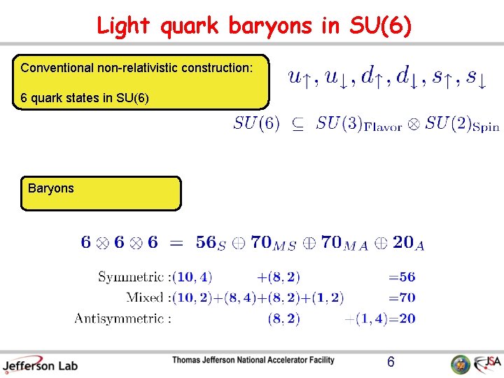 Light quark baryons in SU(6) Conventional non-relativistic construction: 6 quark states in SU(6) Baryons