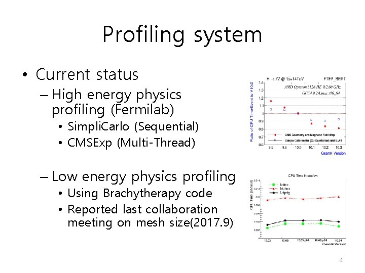 Profiling system • Current status – High energy physics profiling (Fermilab) • Simpli. Carlo