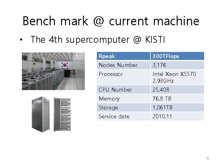 Bench mark @ current machine • The 4 th supercomputer @ KISTI Rpeak 300
