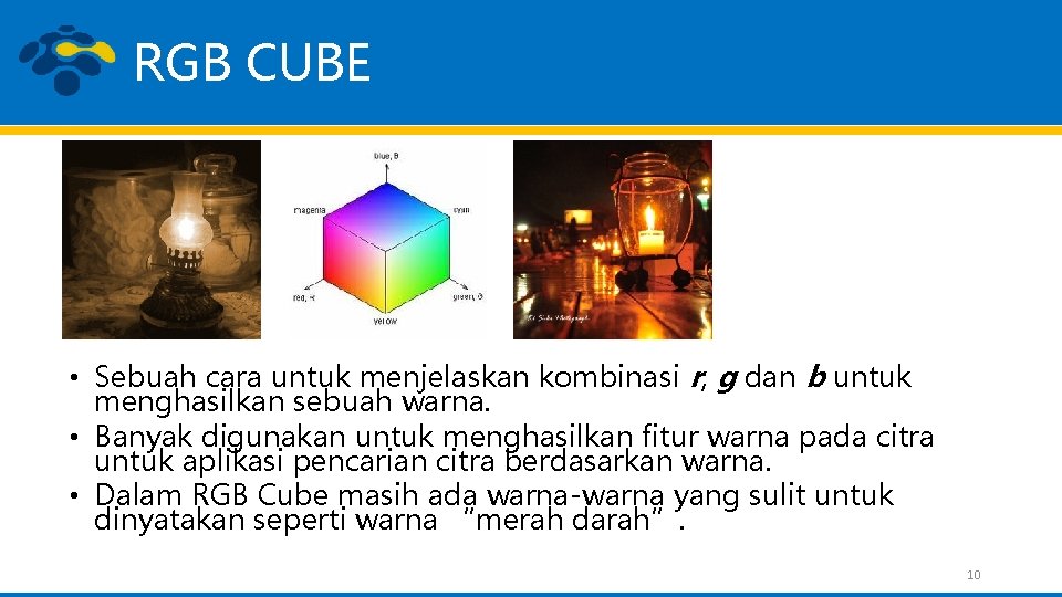 RGB CUBE • Sebuah cara untuk menjelaskan kombinasi r, g dan b untuk menghasilkan