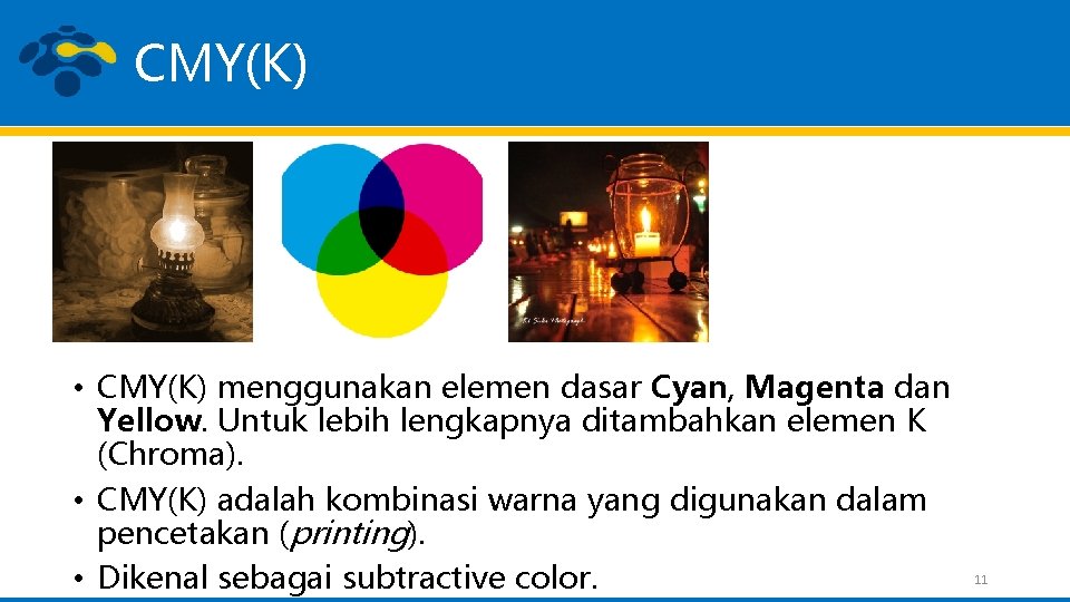 CMY(K) • CMY(K) menggunakan elemen dasar Cyan, Magenta dan Yellow. Untuk lebih lengkapnya ditambahkan