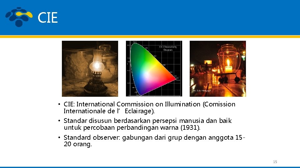 CIE • CIE: International Commission on Illumination (Comission Internationale de l’Eclairage). • Standar disusun