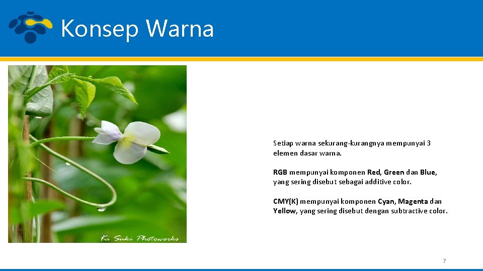 Konsep Warna Setiap warna sekurang-kurangnya mempunyai 3 elemen dasar warna. RGB mempunyai komponen Red,