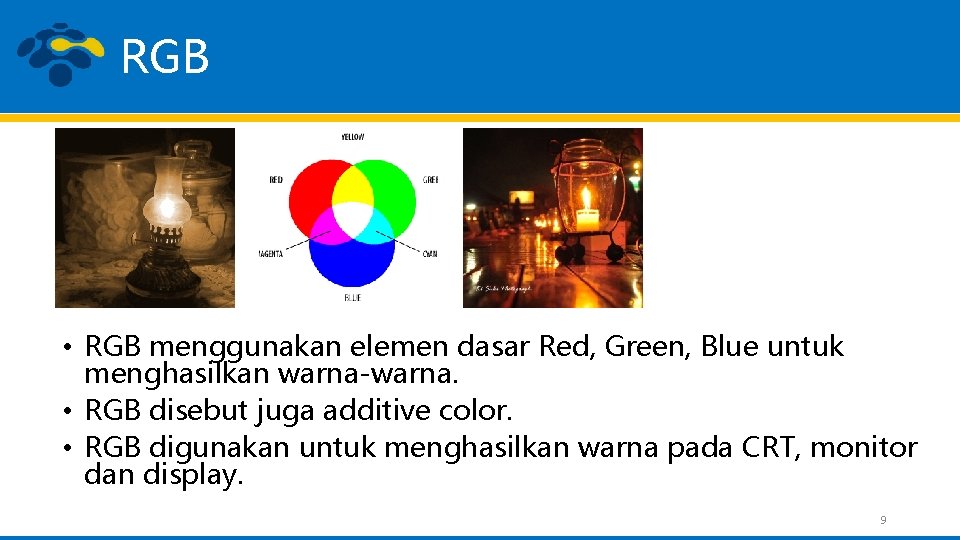 RGB • RGB menggunakan elemen dasar Red, Green, Blue untuk menghasilkan warna-warna. • RGB