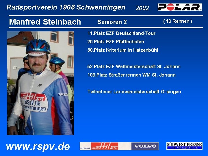 Radsportverein 1906 Schwenningen Manfred Steinbach 2002 Senioren 2 ( 18 Rennen ) 11. Platz