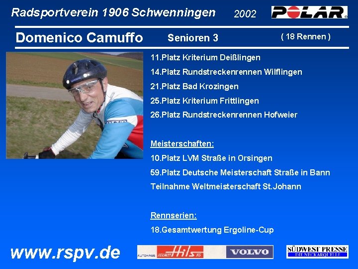 Radsportverein 1906 Schwenningen Domenico Camuffo 2002 Senioren 3 ( 18 Rennen ) 11. Platz