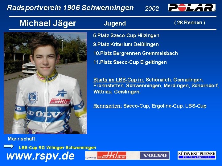 Radsportverein 1906 Schwenningen Michael Jäger 2002 Jugend ( 28 Rennen ) 5. Platz Saeco-Cup