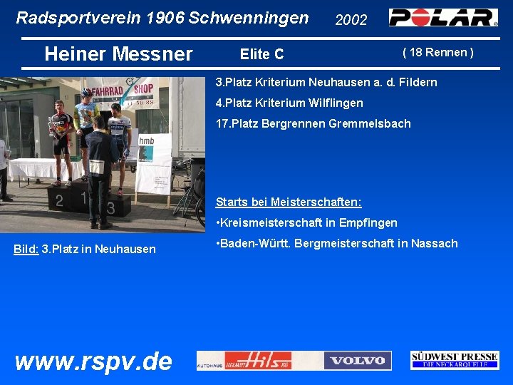 Radsportverein 1906 Schwenningen Heiner Messner 2002 Elite C ( 18 Rennen ) 3. Platz