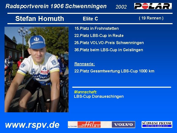 Radsportverein 1906 Schwenningen Stefan Homuth 2002 Elite C ( 19 Rennen ) 15. Platz