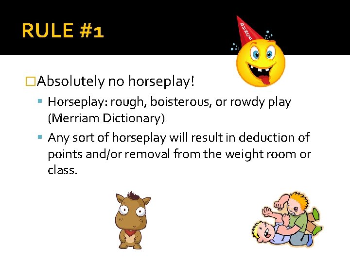 RULE #1 �Absolutely no horseplay! Horseplay: rough, boisterous, or rowdy play (Merriam Dictionary) Any