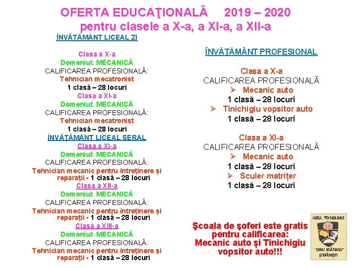 OFERTA EDUCAŢIONALĂ 2019 – 2020 pentru clasele a X-a, a XII-a ÎNVĂȚĂM NT LICEAL