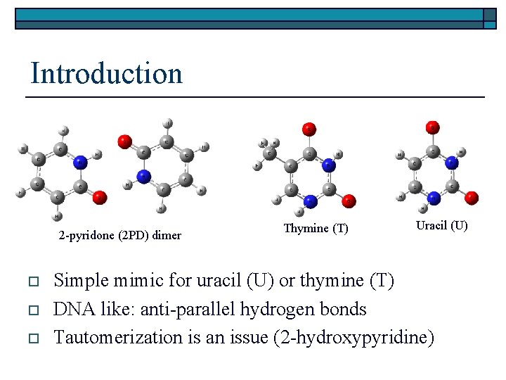 Introduction 2 -pyridone (2 PD) dimer o o o Thymine (T) Uracil (U) Simple