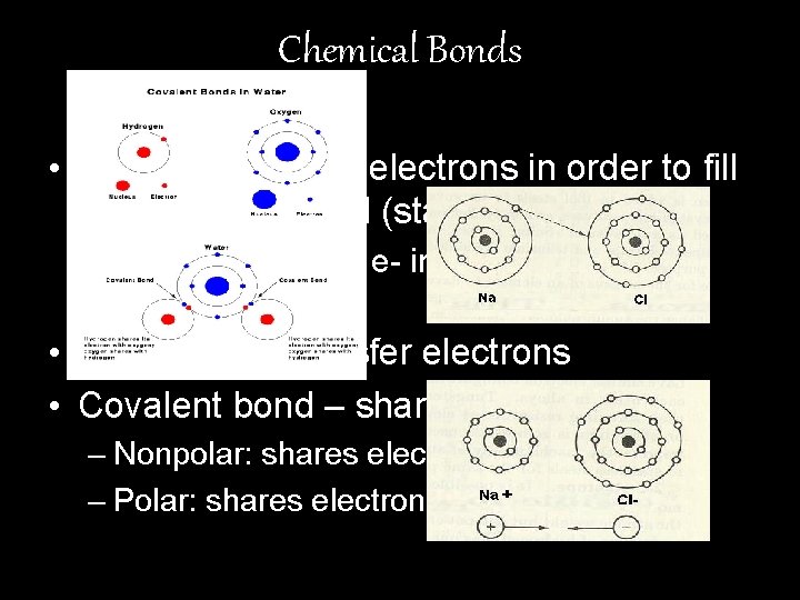 Chemical Bonds • Transfer or share electrons in order to fill their valence shell